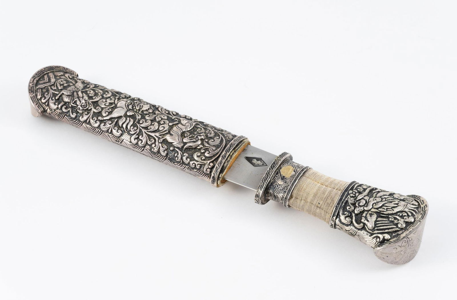 Tibetan Reproduction Knife: Blade marked. Overall with scabbard 10" long.