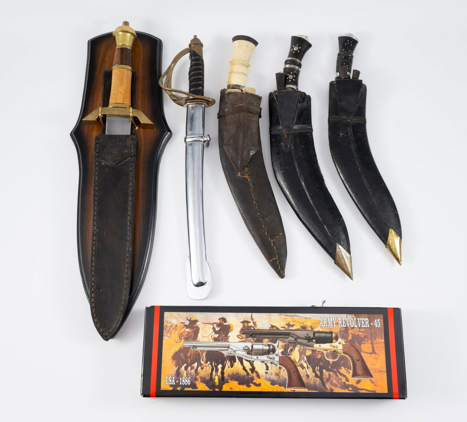 5 Replica Blades & Army Revolver 45 Replica in OB: Blades measure 16-3/4" to 21" long.