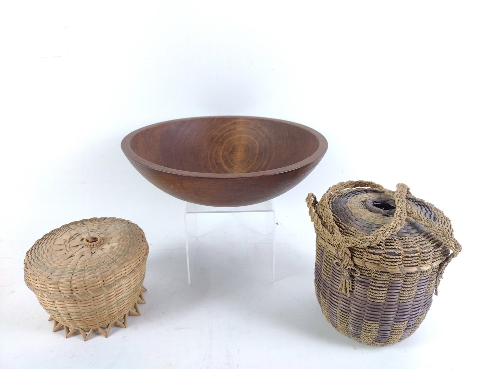 Wood Bowl & 2 Baskets: Bowl measures 13-1/4" wide x 4" high. Baskets measure 7" to 7-1/2" wide x 5" to 7-1/2" high.