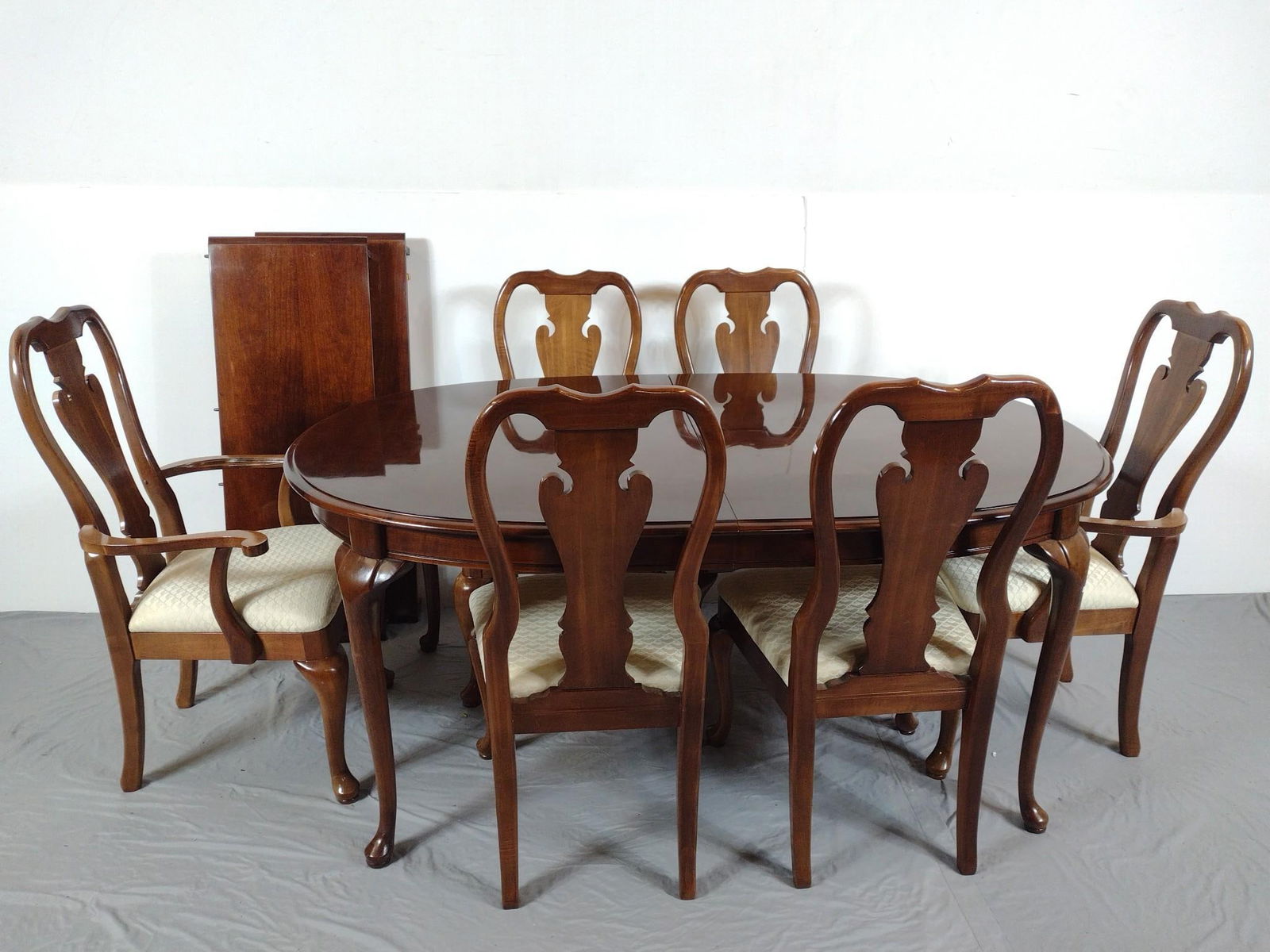 Thomasville Dining Table & Chair Set: NOT ELIGIBLE FOR IN-HOUSE SHIPPING. Table 68" wide X 44" deep X 29-1/2" high. Table leaves 16" wide. Chairs 22" wide X 21" deep X 40" high. All Pcs have some light scratches.