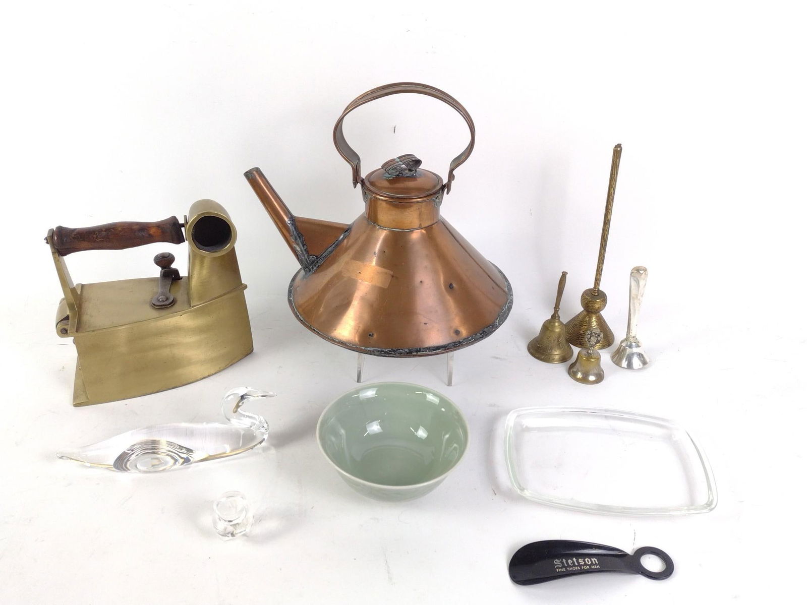 11 Decorative Pcs: Includes copper kettle, bells, and more. Bells 2-3/4" to 10" long.