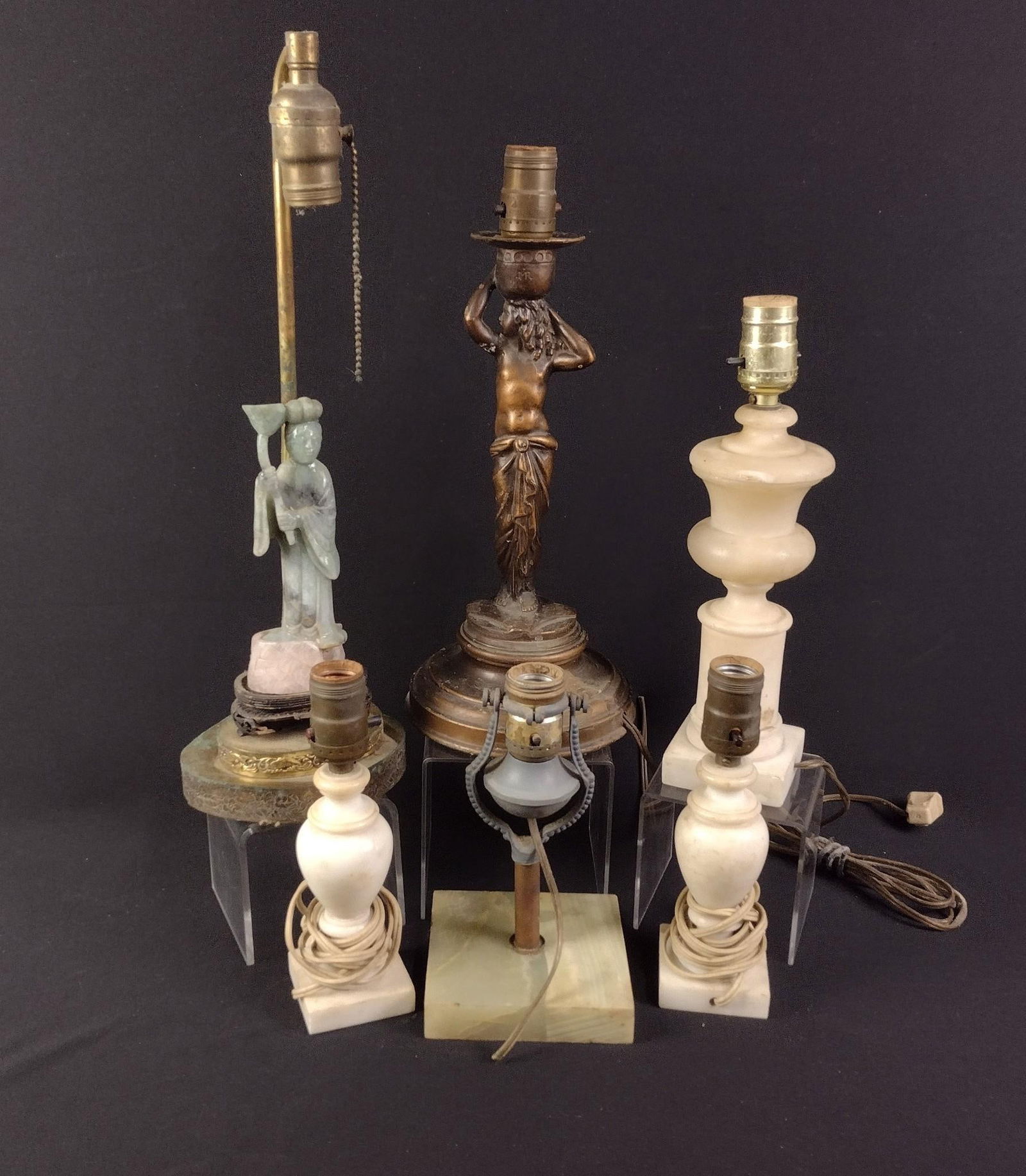 6 Vintage Lamps: NOT ELIGIBLE FOR IN-HOUSE SHIPPING. 3 without electrical cord. 2-3/4" to 6" wide x 9" to 15" high.