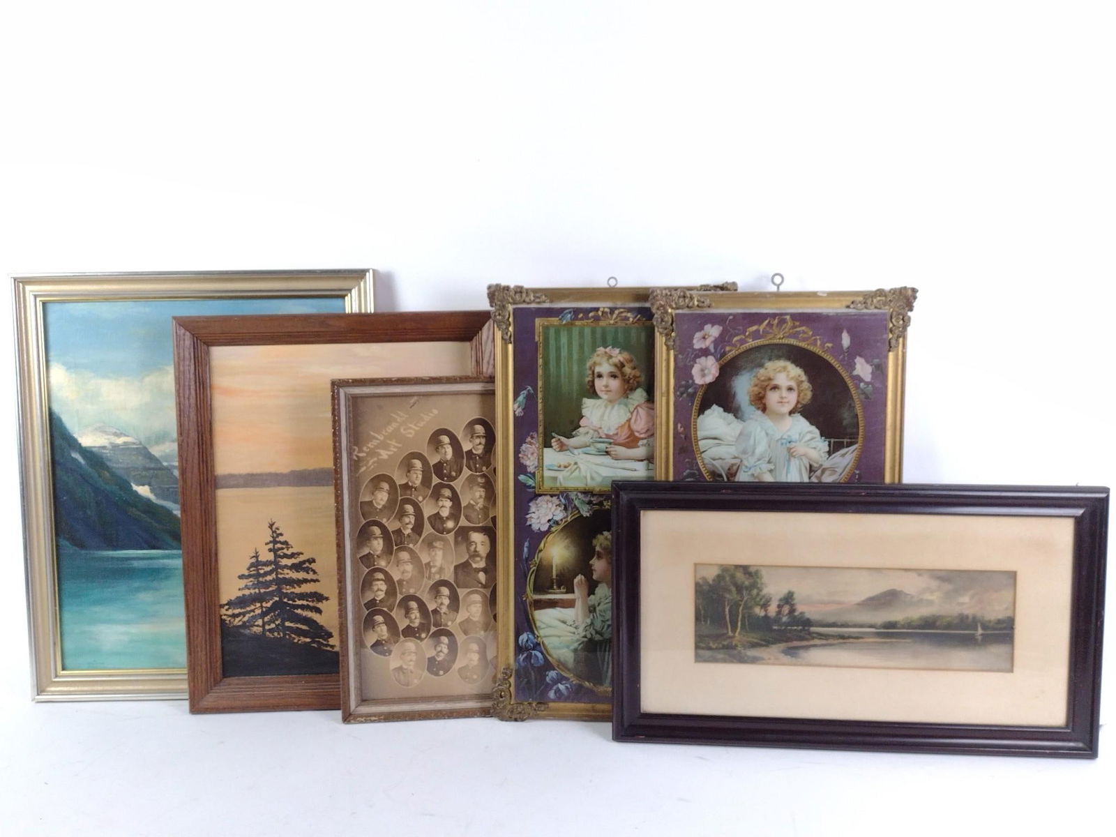 6 Framed Pcs: NOT ELIGIBLE FOR IN-HOUSE SHIPPING. Includes forest scene, photographs, and more. Overall 17-3/4" to 23" long x 13" to 14-1/4" wide. One loose from frame.