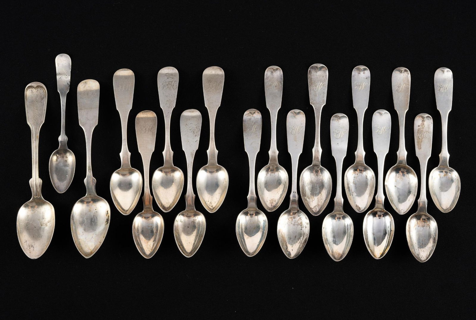 Robert & William Wilson Coin Silver Spoons: R&W Wilson Philadelphia 1830 coin silver spoon set. 17 spoons with a weight of 12.0 troy ounces. One not counted (in the 17) is not Wilson, composition not determined.
