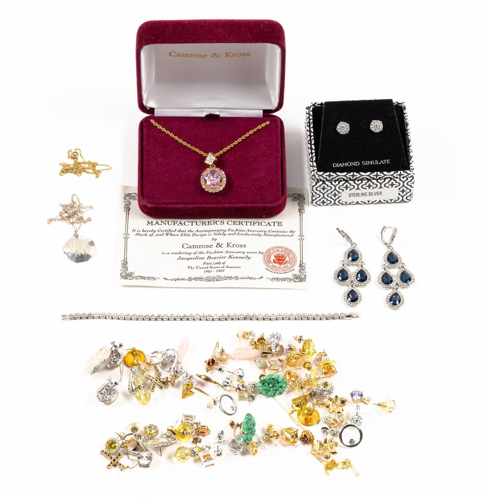 Camrose & Kross Jackie Kennedy Pendant Necklace And Sterling Jewelry: The Camrose & Kross pendant necklace comes with box and papers. Most jewelry is costume yet with several pieces in sterling.