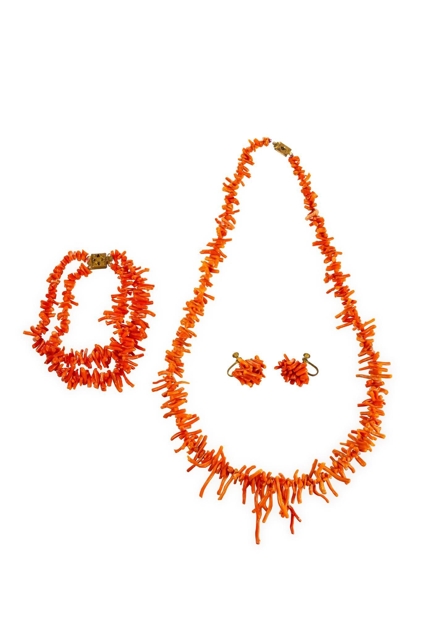 Coral Branch Necklace, Bracelet, & Earrings Set: Necklace 20-1/2" length. Clasp detached.