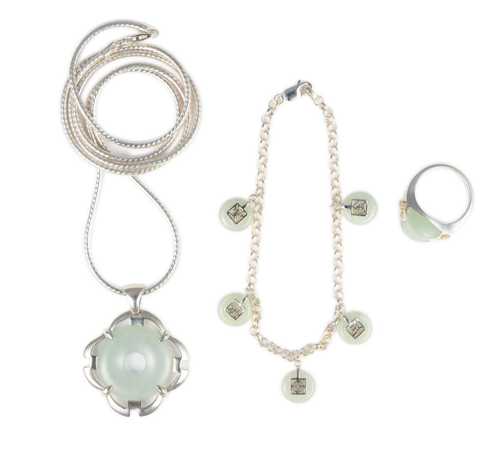 Chinese Jade And Sterling Silver Bracelet, Ring and Pendant Necklace (1 of 6)