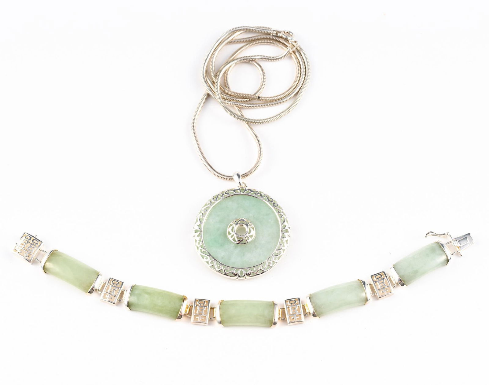 Chinese Jade And Sterling Silver Bracelet And Pendant Necklace (1 of 4)