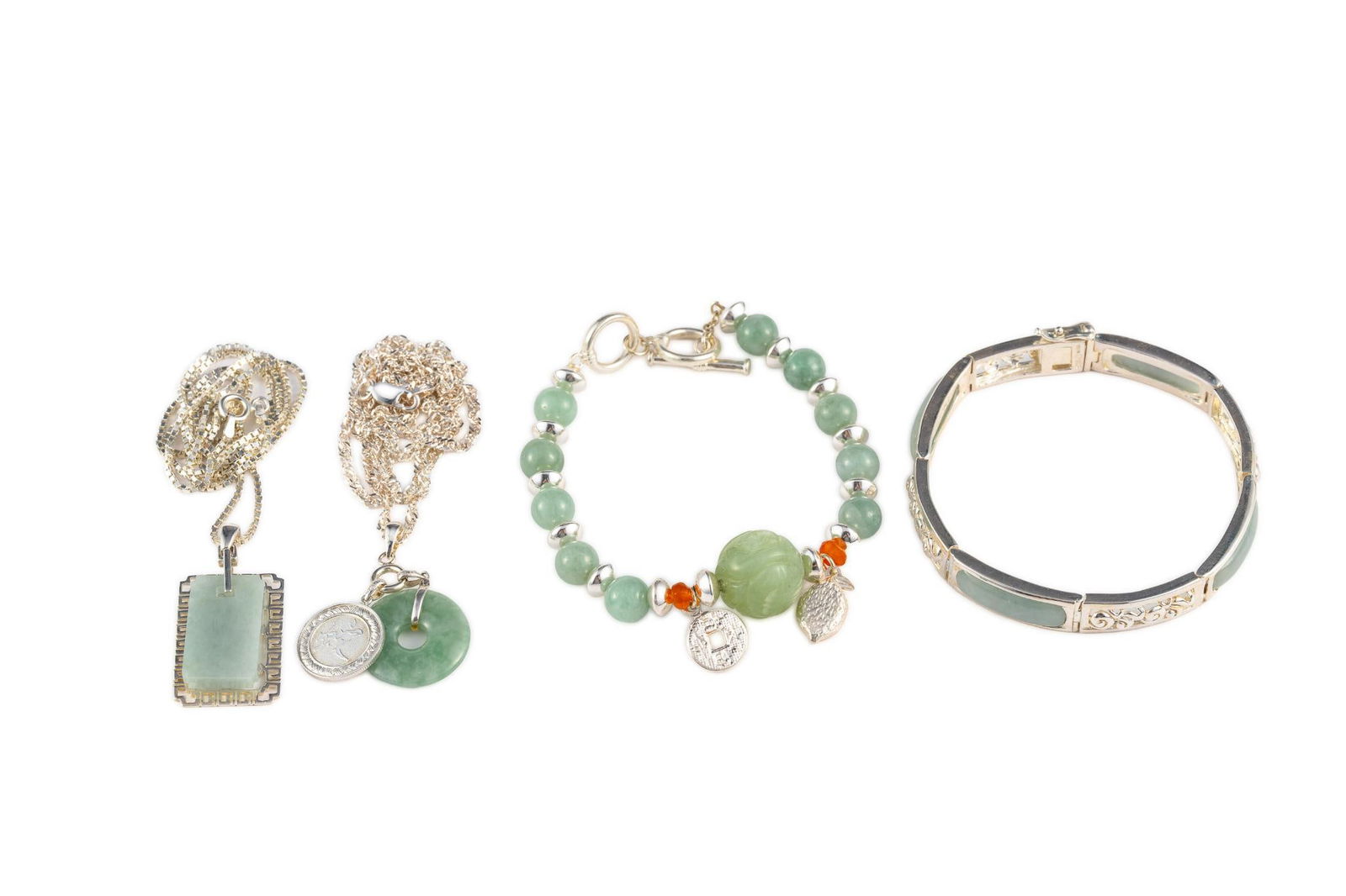 Two Chinese Sterling Silver And Jade Bracelets And Two Necklaces (1 of 4)