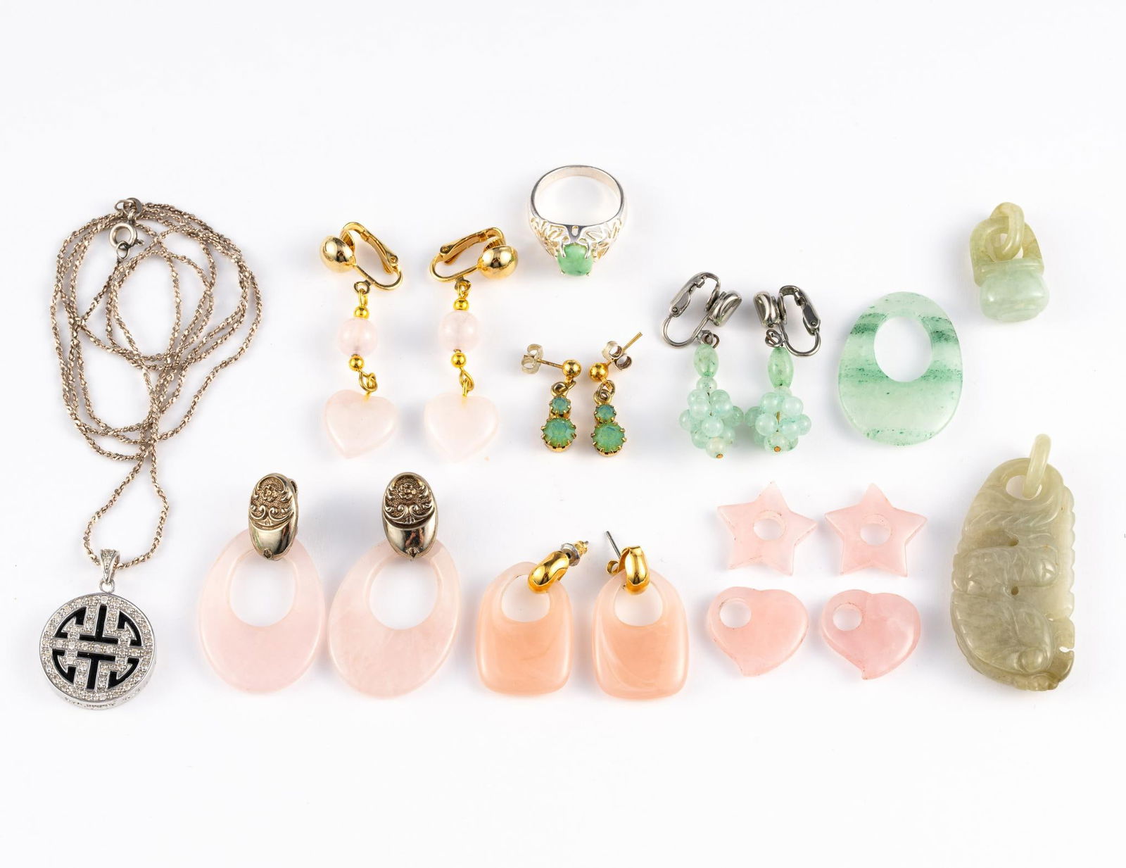 Jade Pendants And Earrings And Sterling Silver: Various jade pieces and pendants and earrings. Also a size 6 sterling and jade ring, and a sterling 29" chain and sterling and onyx pendant.