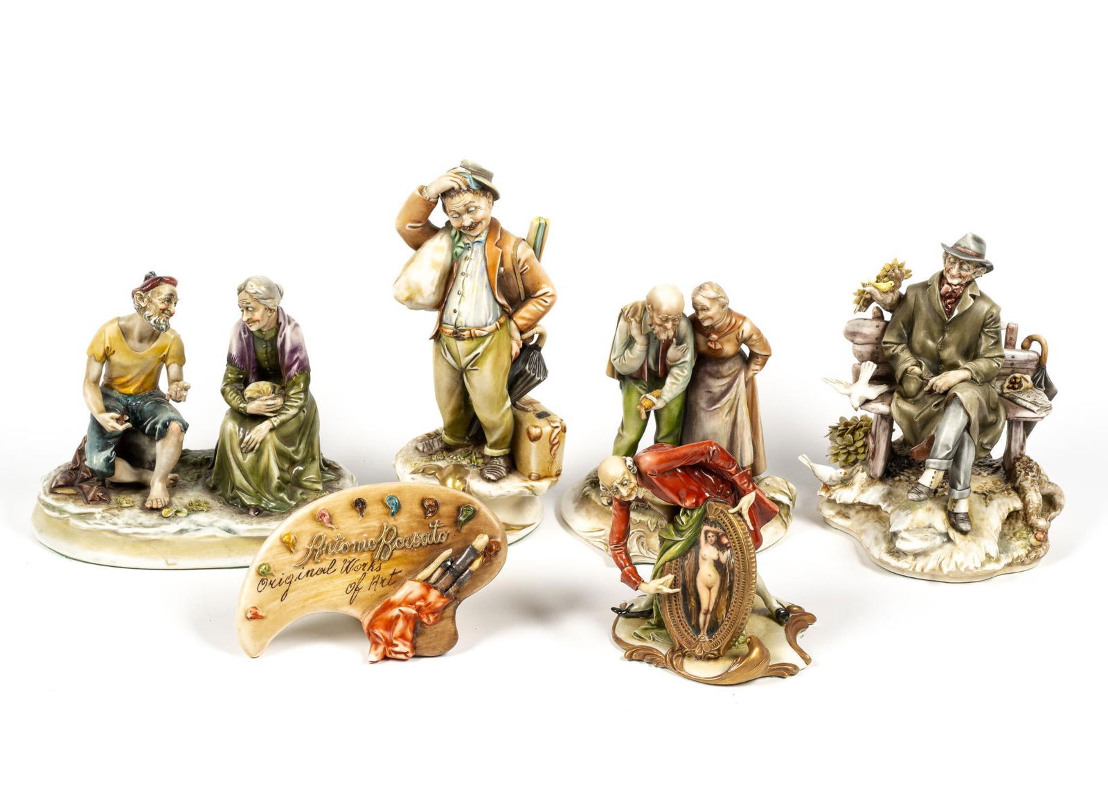 (6) Borsato Signed Capodimonte Statues: NOT ELIGIBLE FOR IN-HOUSE SHIPPING. Includes #739 Antiquary, #906 Boulevardier, #953 Journey's End, #776 Sailor & Old Lady, #786 The Octogenarians. Normal wear and tear associated with age. 3-1/2" to