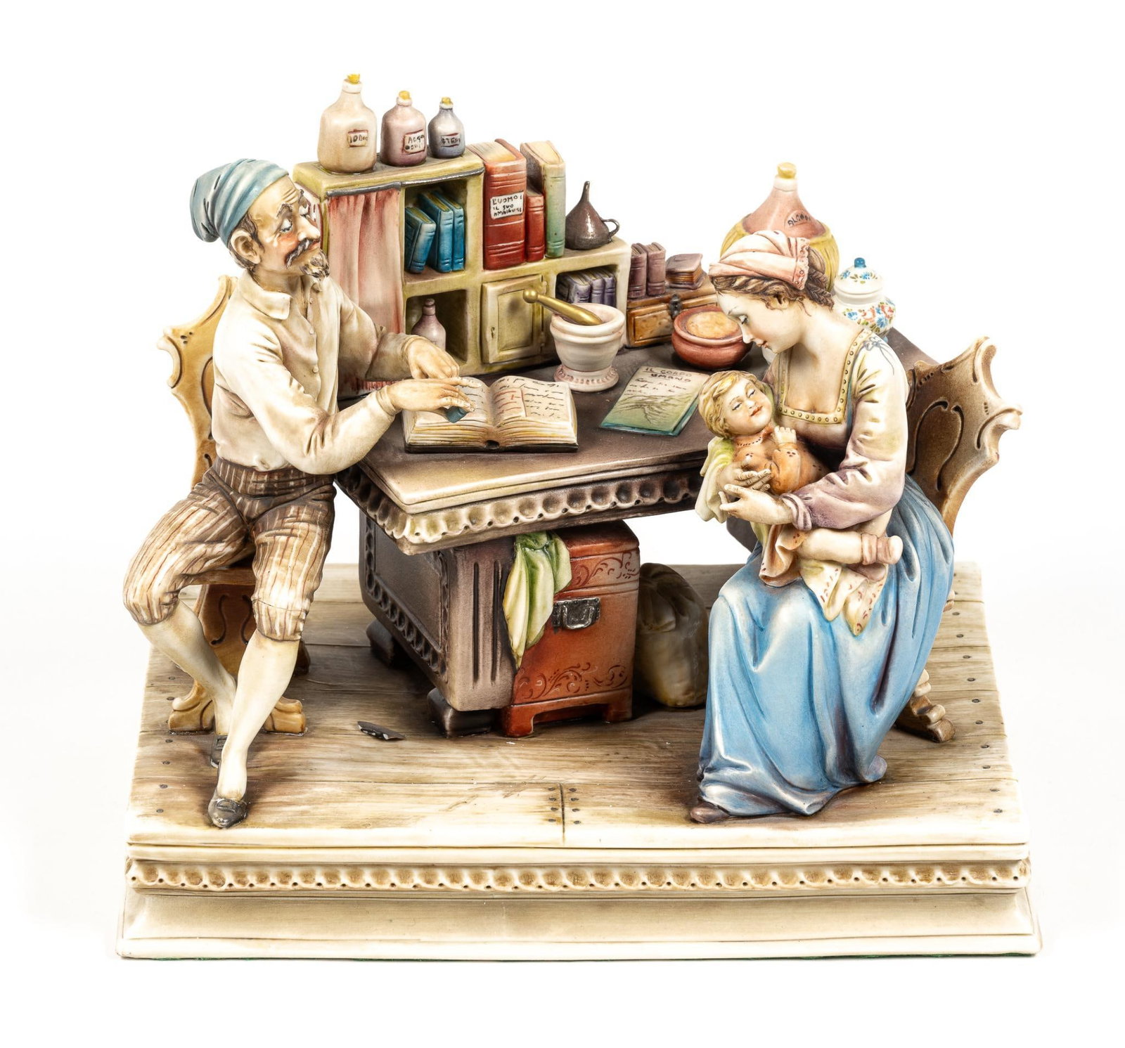 #1004 Tender Ministrations by Antonio Borsato Signed Sculpture: NOT ELIGIBLE FOR IN-HOUSE SHIPPING. Marked on bottom. Repair work done to man, but overall good condition overall. 8-1/2" x 9-1/2" x 7" overall.