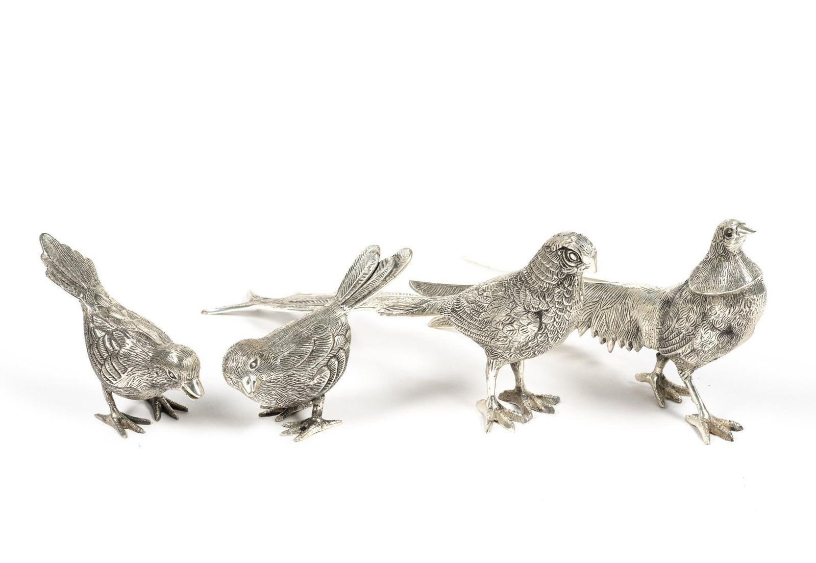 (2) Pairs of Metal MCM-Style Bird Statues: Pair of pheasant marked Andrea by Sadek. Other pair of birds unmarked. Excellent condition. 4-1/2" to 8-1/2" long overall.
