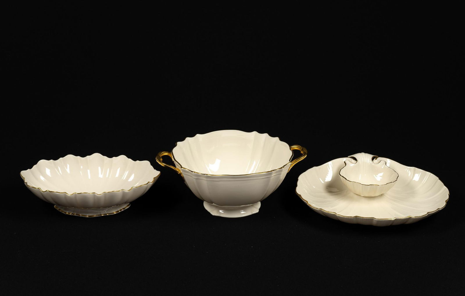 (3) White Lenox Gold Rimmed Serving Pieces: All marked. Excellent condition. 9" to 12" diameter overall.