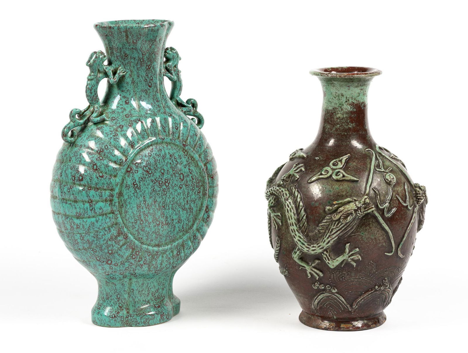 2 Asian Relief Vases incl Robin Egg Style Glazed Moon Flask (1 of 7)