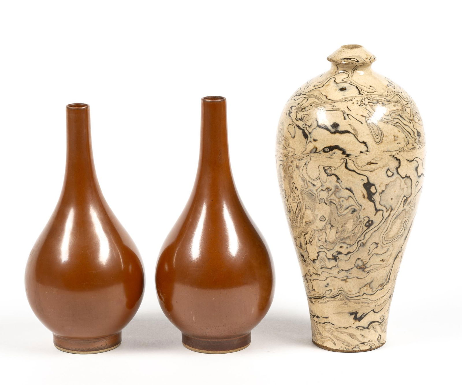 3 Oriental Vases: 3 oriental vases, incl. matching pair with writing on bottoms. From 8" to 10" tall and 4" to 4-3/4" wide.
