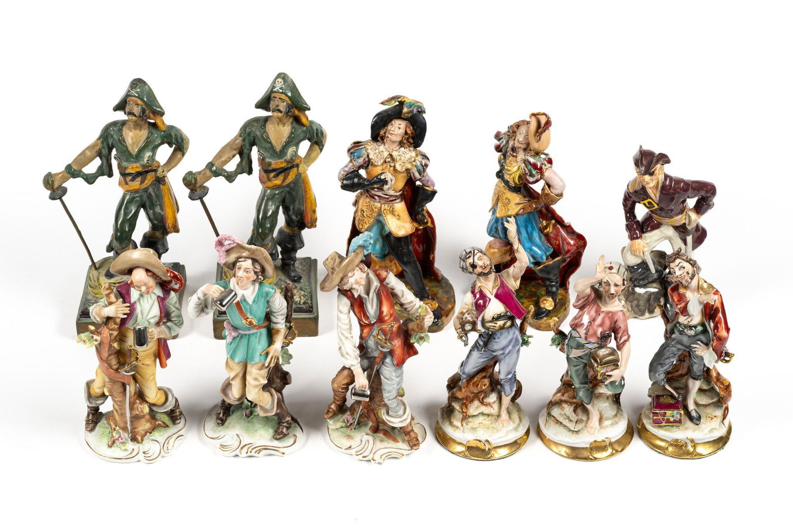 (11) Capodimonte Musketeers & Pirate Statues Incl Metal: Mostly marked. Japanese. 8" to 10" tall overall.