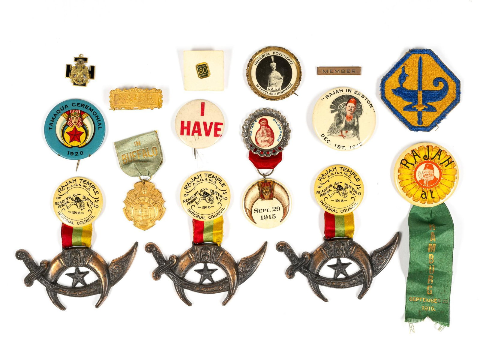 Lot of Pins, Ribbons, and Patches: Assortment of pins, ribbons, and patches of various origins and topics.