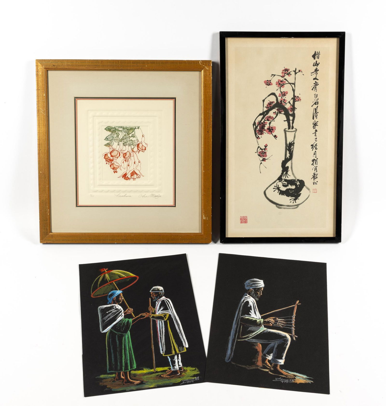 Asian Framed Watercolor & (2) South African pastel drawings And more (1 of 10)