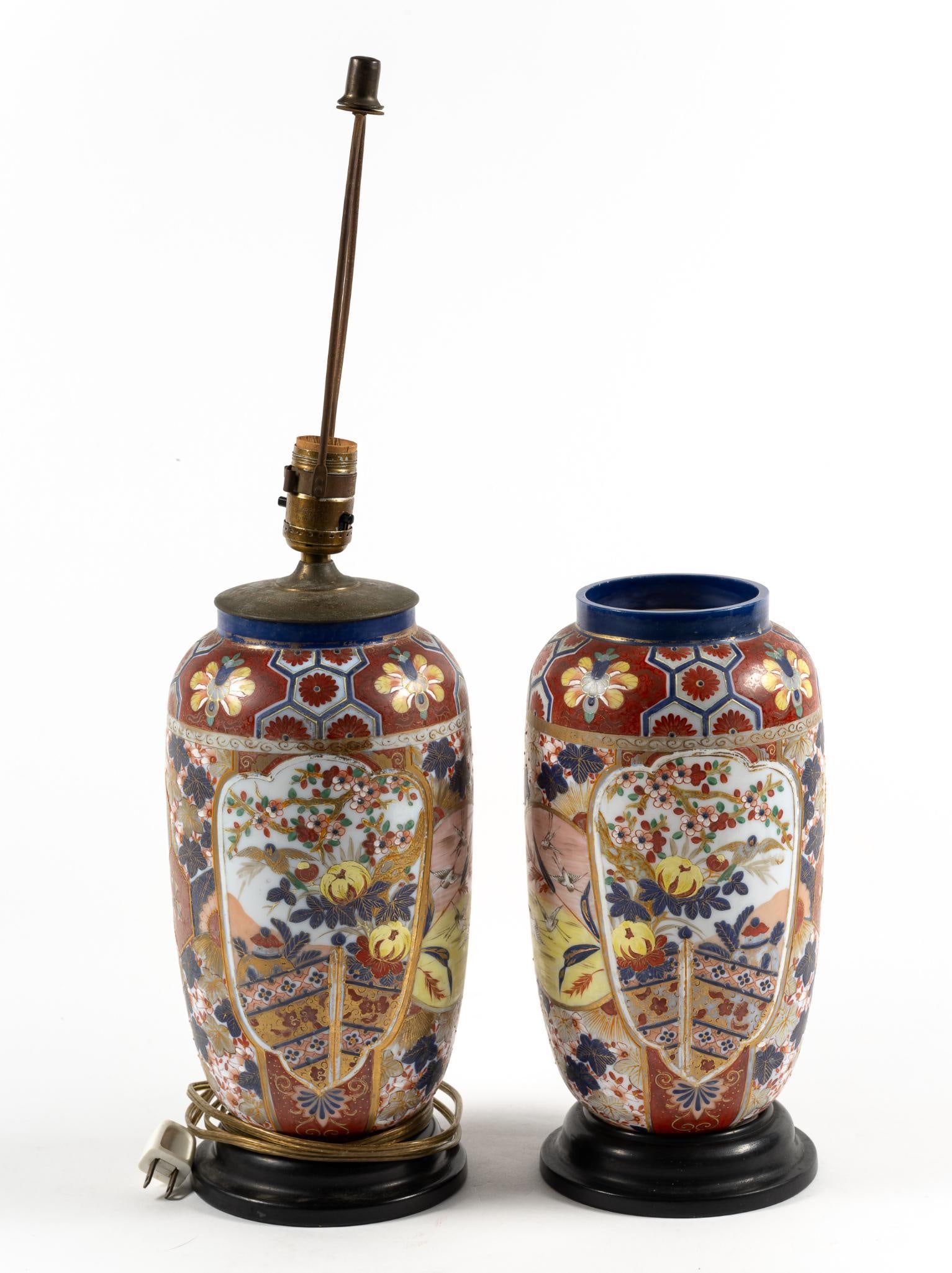 Pair of Asian Vases Mounted for Lamps: NOT ELIGIBLE FOR IN-HOUSE SHIPPING. One has no lamp parts but mounted. Second has lamp construction in it. Untested. 13" to 24" tall.
