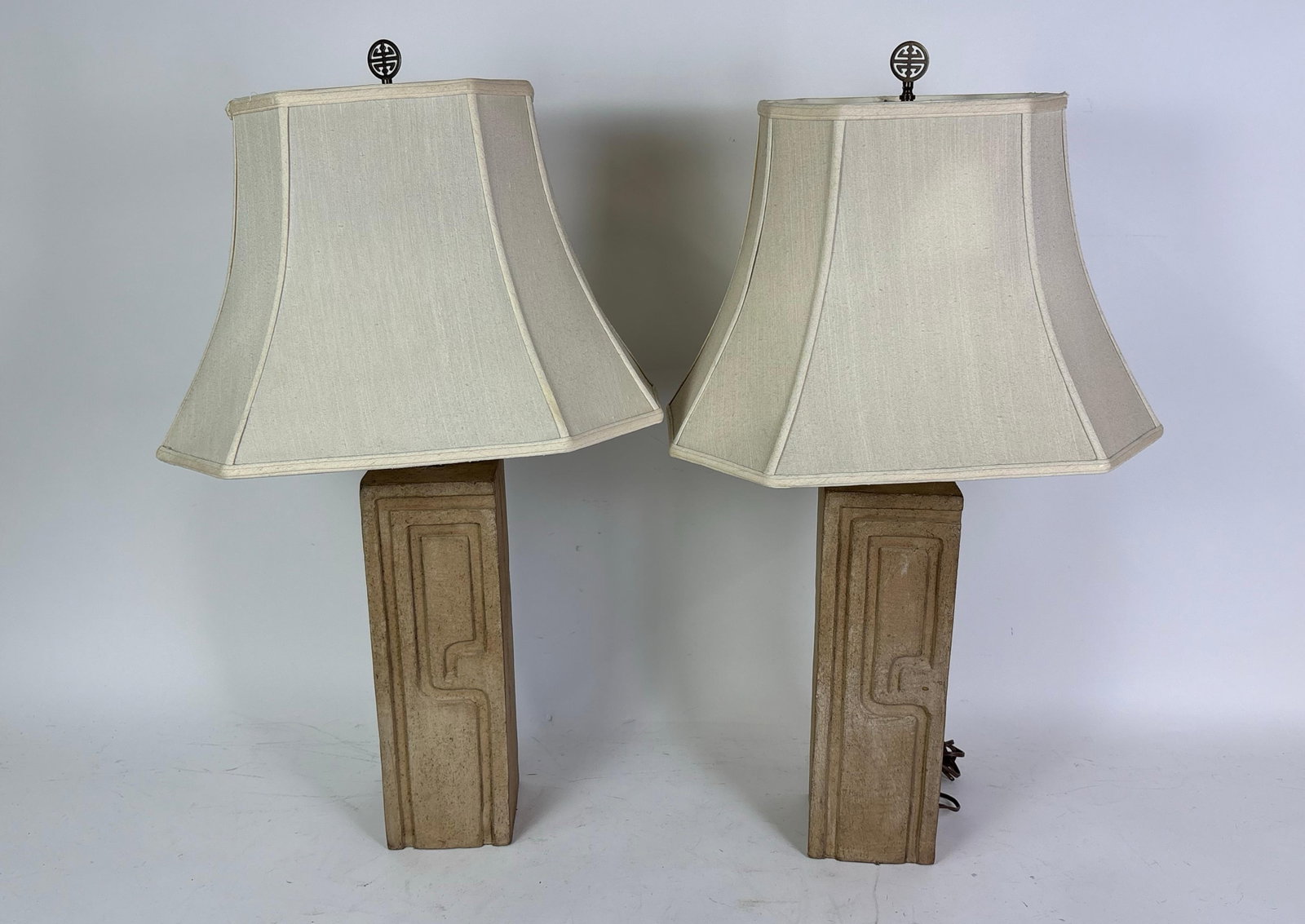 2 Stone Table Lamps: NOT ELIGIBLE FOR IN-HOUSE SHIPPING. Pair of stone table lamps. Both 32" tall, 18" at widest point.