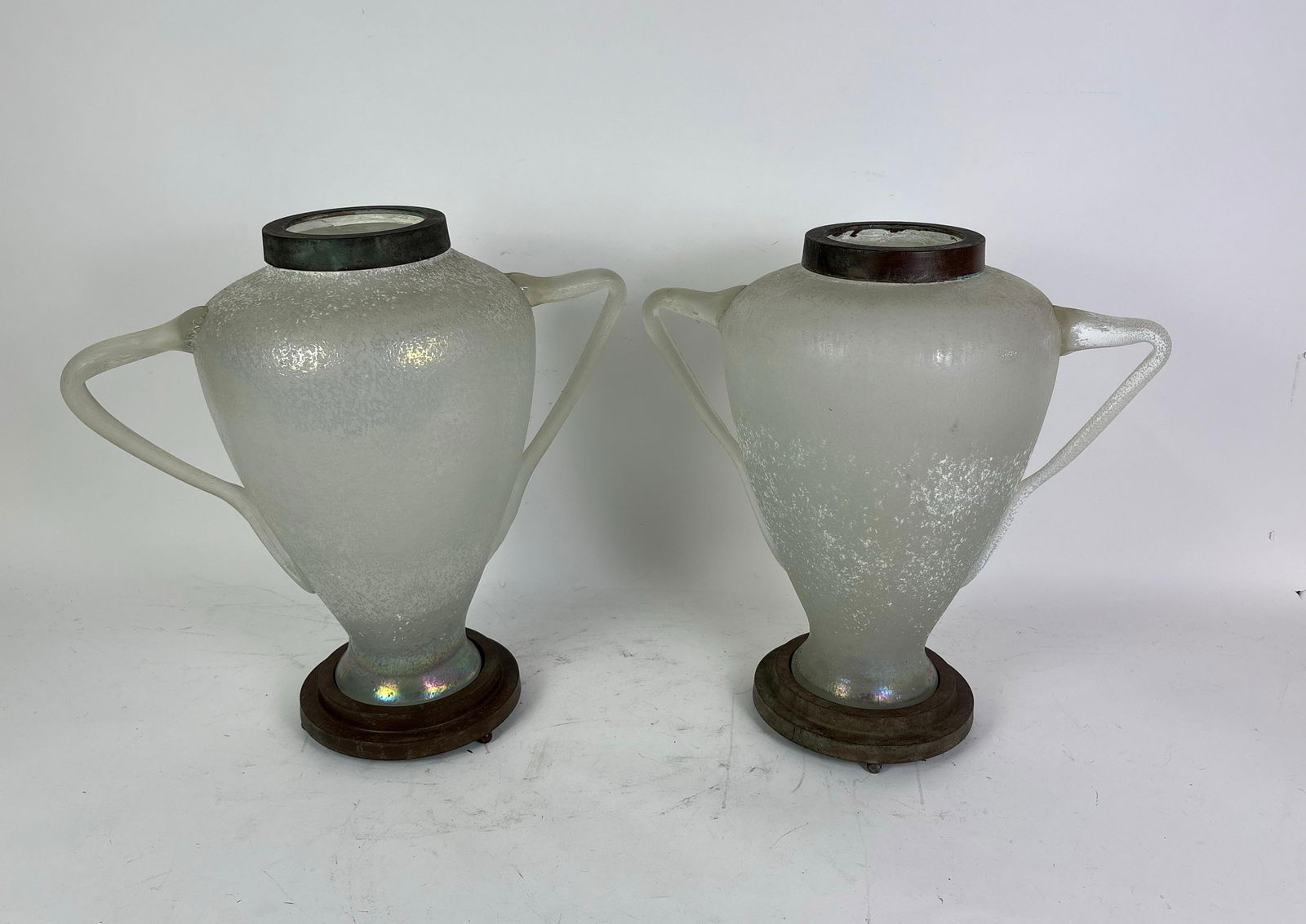 Pair of Murano Style Scavo Vases on Metal Platforms (1 of 1)