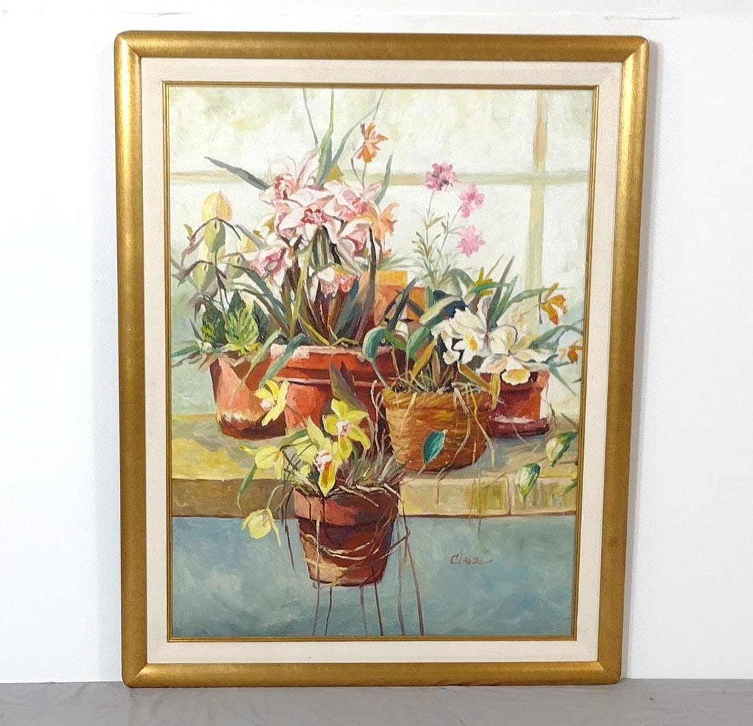 Choi Cho Fu Floral Still Life Painting: NOT ELIGIBLE FOR IN-HOUSE SHIPPING. Overall 47" high x 37" wide, sight 40" high x 29" wide.