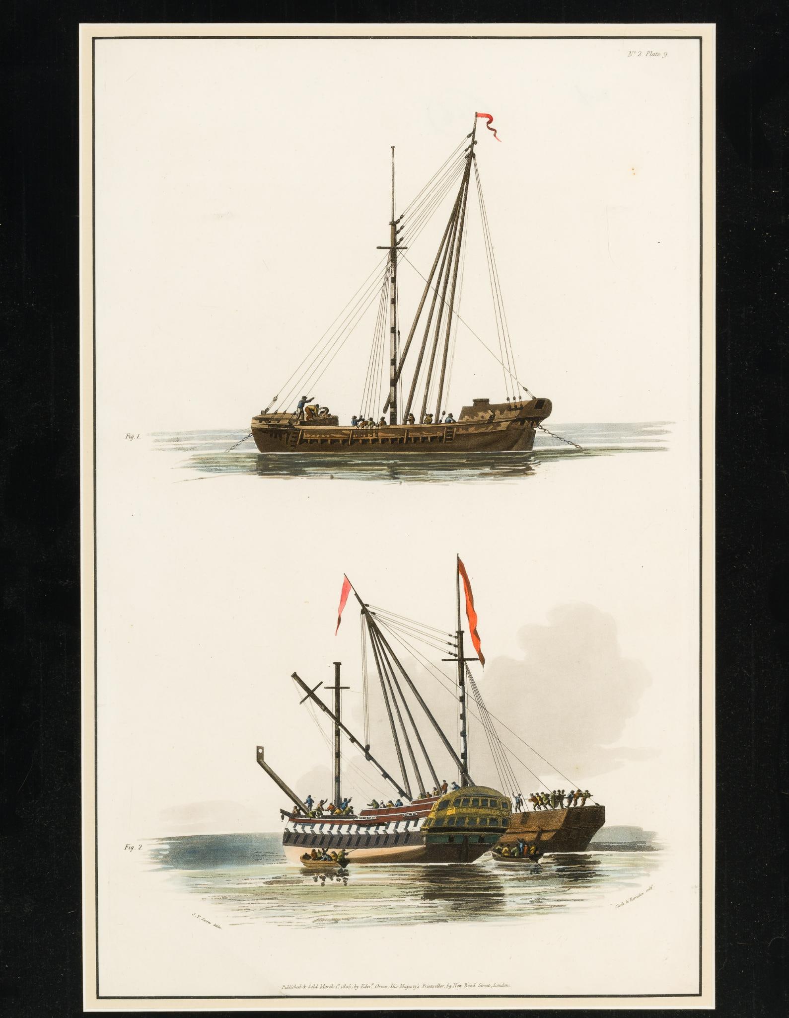 Sheer Hulk Hand Colored Engraving: NOT ELIGIBLE FOR IN-HOUSE SHIPPING. Figures 1 and 2 of a naval service vessel. Printed by John Nichols for Edward Orme 1805. 17 1/2" X 11", 23 X 16 1/2" framed.