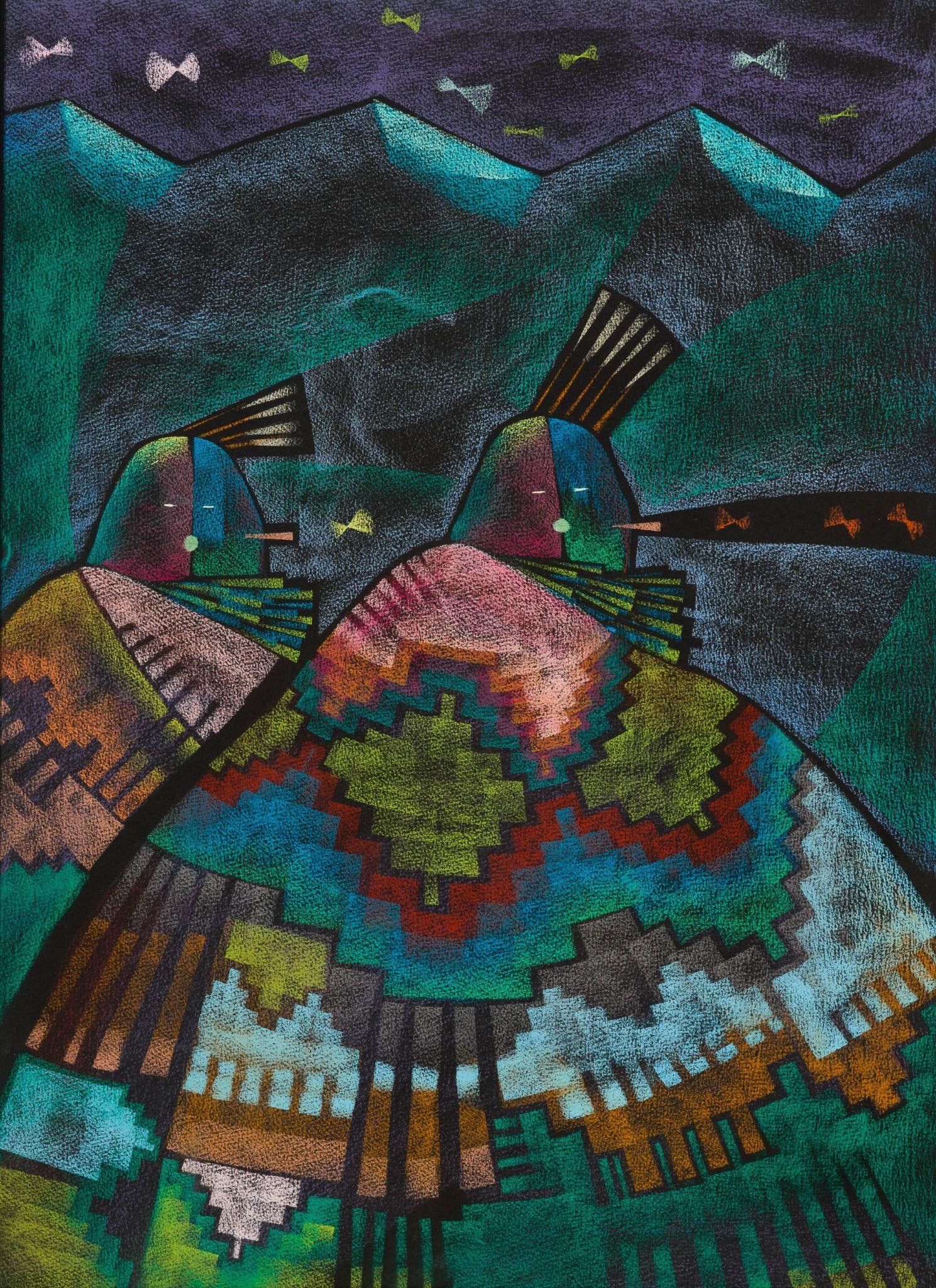 Original Pastel On Paper Tommy Montoya: NOT ELIGIBLE FOR IN-HOUSE SHIPPING. Tommy Edward Montoya, Ohkay Owingeh, San Juan Pueblo oil pastel. Signature not found however the painting was not removed from the frame for examination. From the S