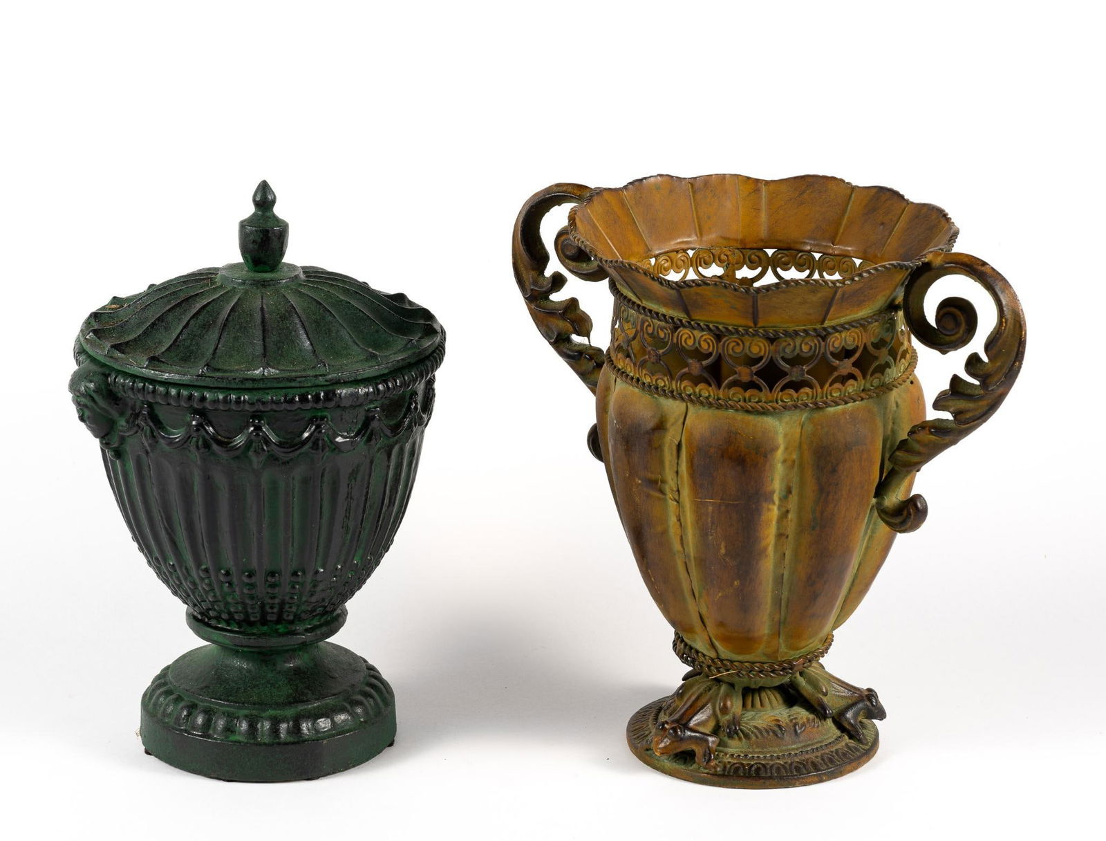 2 Decorative Vases: NOT ELIGIBLE FOR IN-HOUSE SHIPPING. One vase made of metal and one made of stone. From 11" to 11-3/4" tall and 8-1/2" to 12" wide.