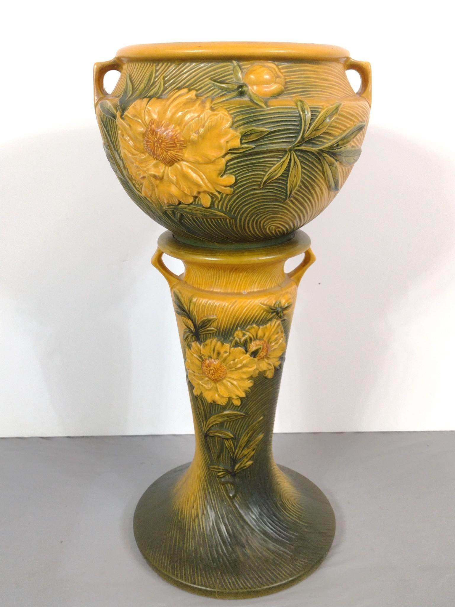 Roseville Jardiniere And Pedestal: NOT ELIGIBLE FOR IN-HOUSE SHIPPING. Overall 14-1/2" diameter X 30" high.