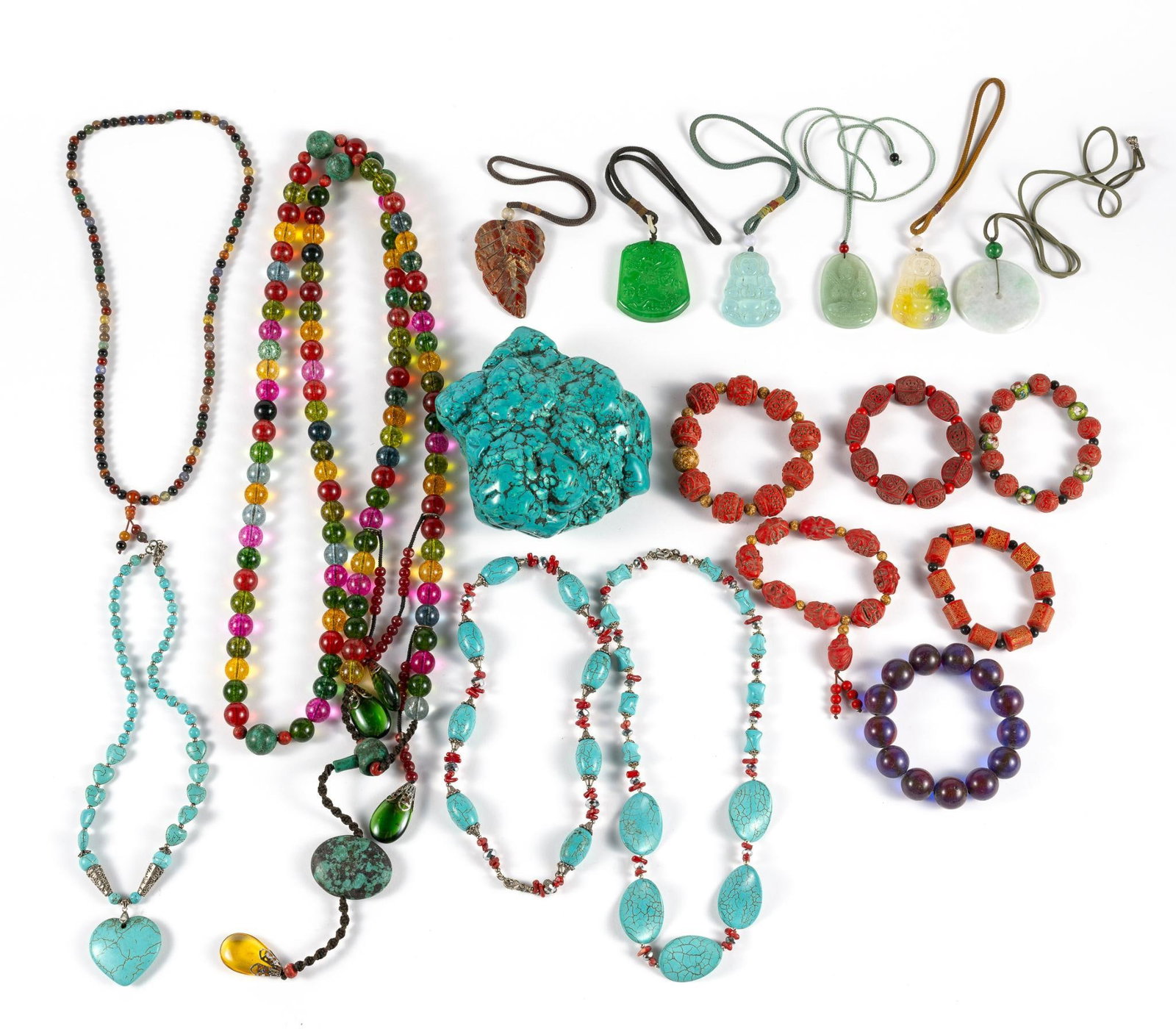 17 Pcs Costume Jewelry & Turquoise: Includes necklaces and bracelets.
