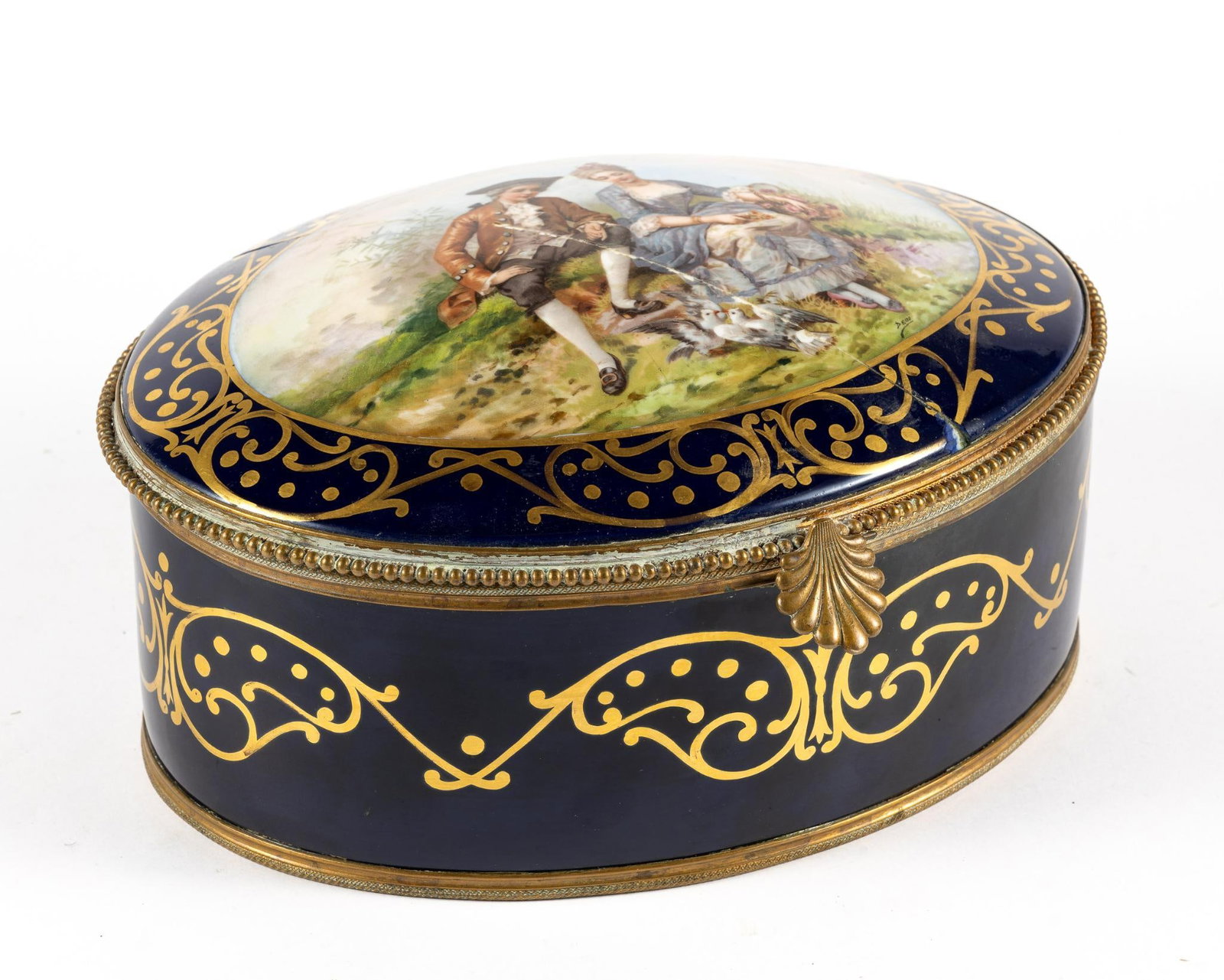 Porcelain Trinket Box: Broken with repair work done on lid, and missing hinge. 4-1/2" tall, 11" wide, and 9" long.