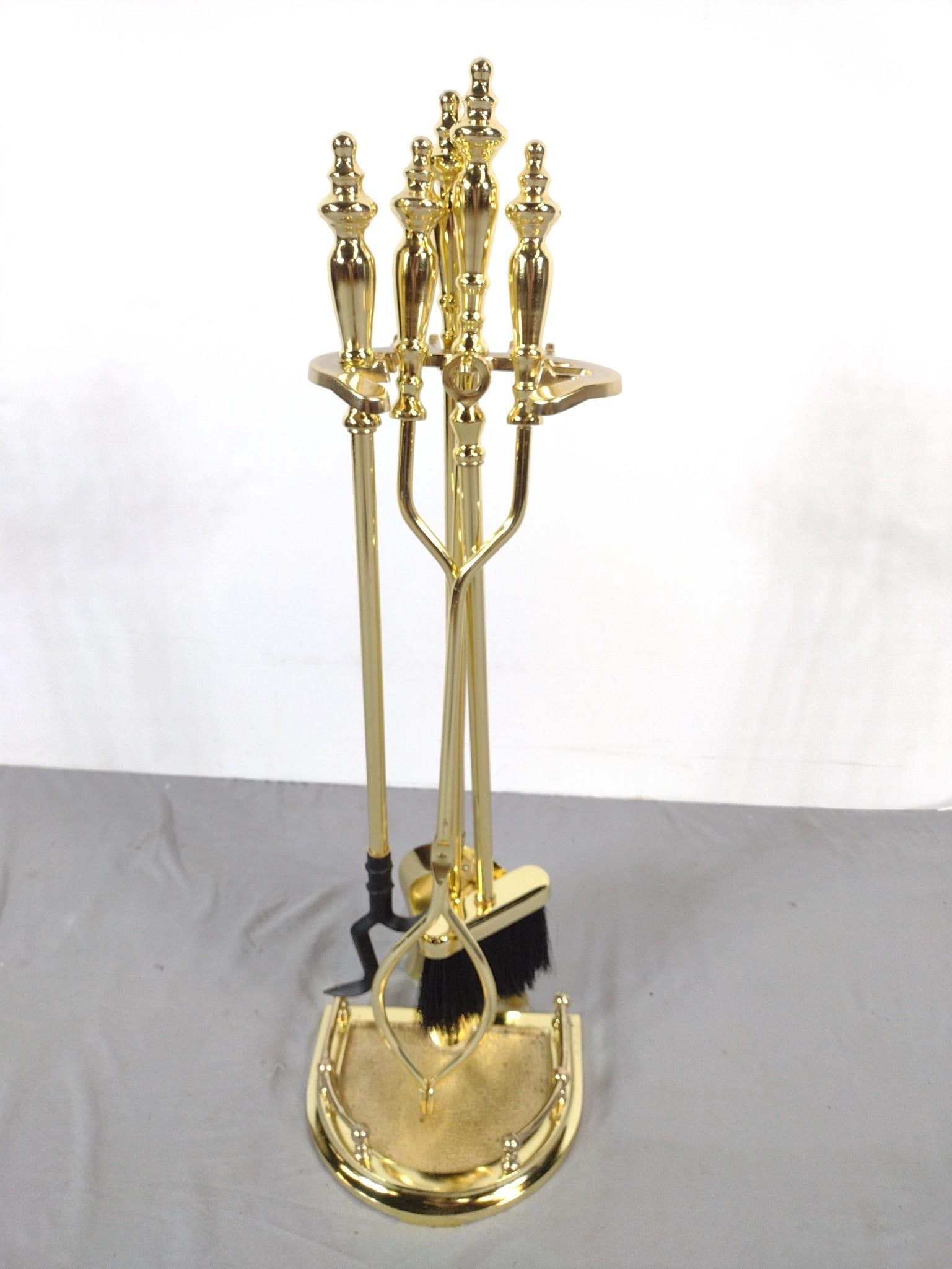 Brass Fireplace Set: NOT ELIGIBLE FOR IN-HOUSE SHIPPING. Tools 31" long.