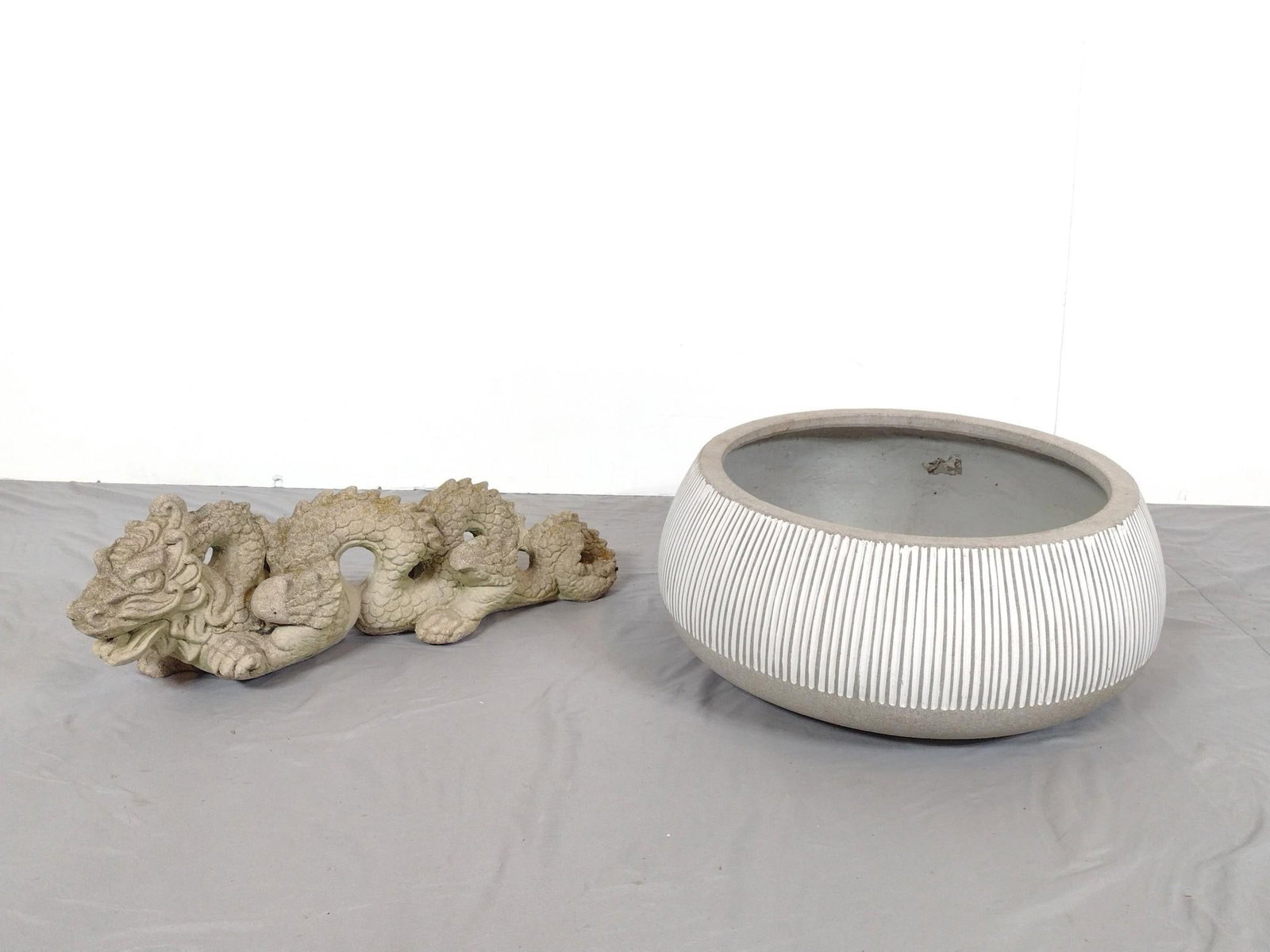 Planter & Cement Dragon Sculpture: NOT ELIGIBLE FOR IN-HOUSE SHIPPING. Planter 21" diameter X 8-1/2" high. Dragon 24" wide X 6-1/2" deep X 7-1/2" high.