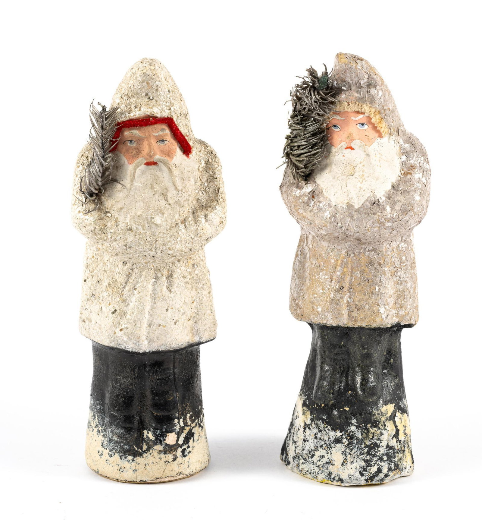 Grey And Off White Antique Belsnickel: The pieces are both 8 1/2" height. The grey robed piece shows some loss at the hood peak. Both robes are glittered with applied mica. The grey robed piece is open bottomed and the off-white robed piec