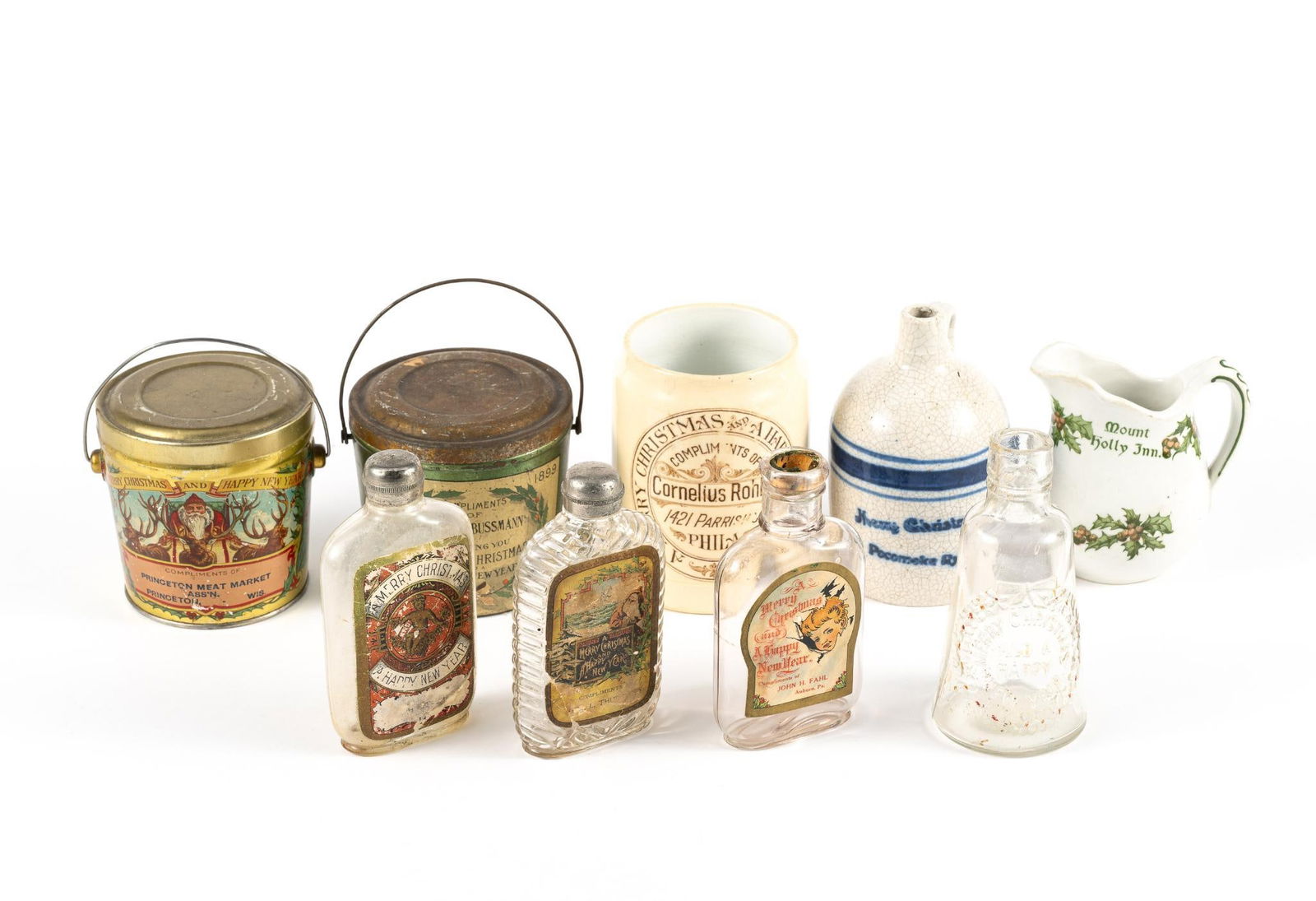 Four Antique Christmas Flasks, Mug, Tin Tubs (1 of 7)