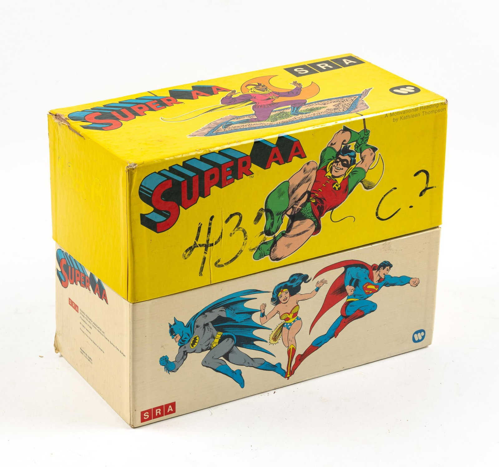 SRA Super AA Motivation Reading Kit with Superheroes by Warner Educational Services 1978: Features characters such as Wonder Woman, Batman, and Green Lantern. Used with markings on the box. 9-1/4" tall, 12" long, and 5-3/4" wide.