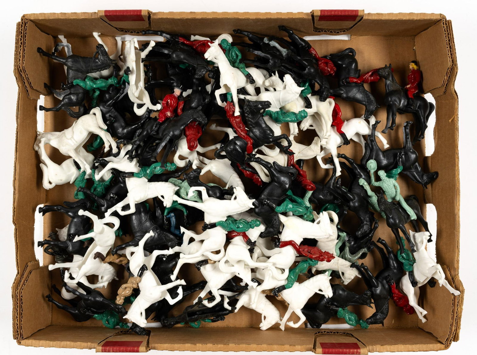 Lot of Bergen Toy Horses and Riders: Lot of plastic Bergen Toy horses and riders. All approximately 4-1/4" tall and 4" long.