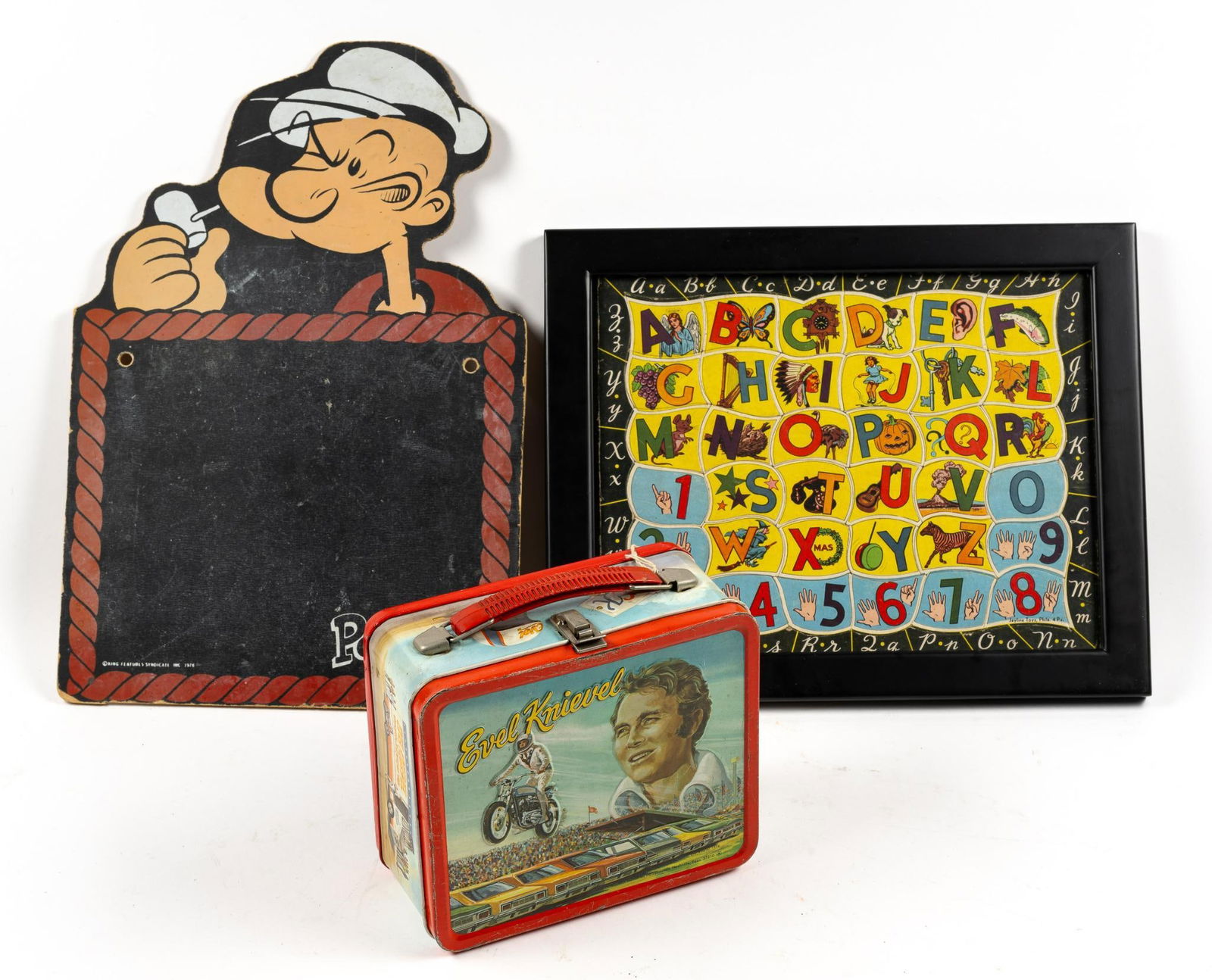 Popeye Chalkboard, Jayline Toys Alphabet Puzzle, and Evel Knievel Lunchbox (1 of 5)