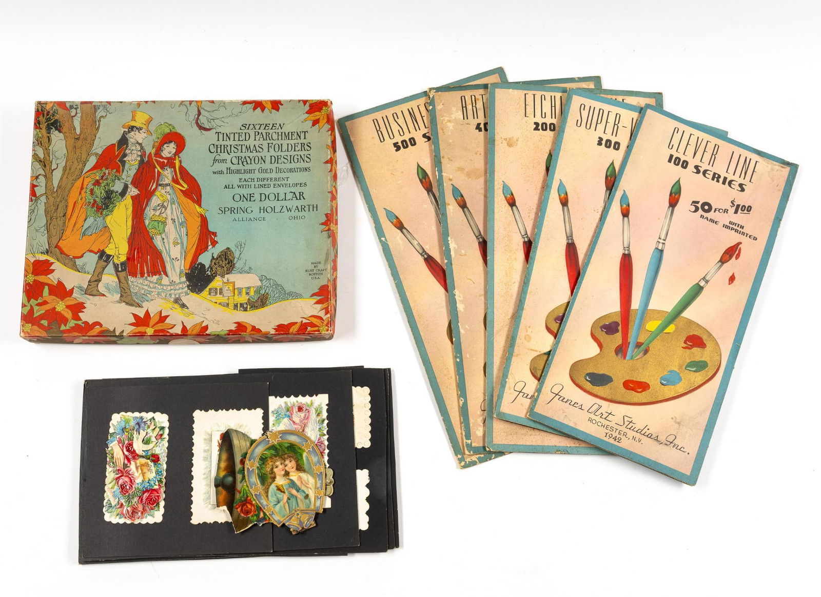 Holiday Items incl Greeting Cards: Also includes antique Christmas card samplers; and stencils.