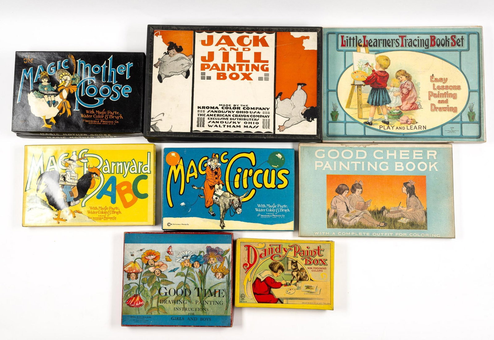 10 Antique Children's Paint Kits: Includes Magic Circus; Barnyard; Magic Mother Goose; and more. All in original boxes. 8-1/2" to 15-1/4" wide x 6" to 10" long.