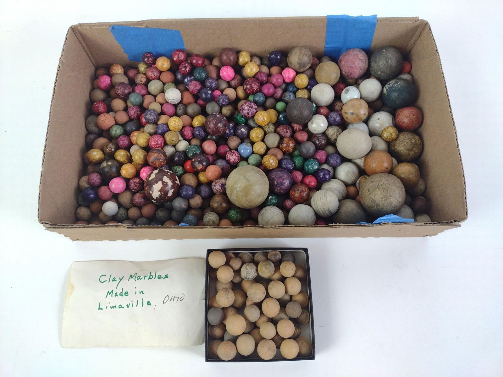 Lot of Clay Marbles: Various sizes and styles. One bag made from clay from Limaville, Ohio.