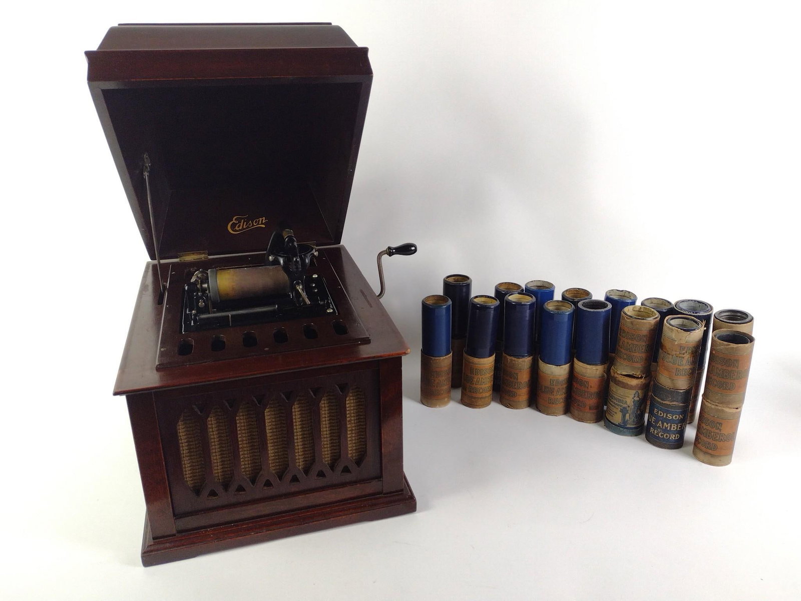 Edison Amberola With 32 Rolls: NOT ELIGIBLE FOR IN-HOUSE SHIPPING - See Terms for Shipping Options. 15" wide X 19-1/2" deep X 15-1/2" high. Working.