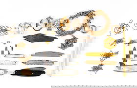 Vintage Jewelry and Pocket Knives: Three pocket knives with mother-of-pearl handles including one by Case. A 14k gold 1920's watch, not running. Case weight without the movement is 4.2 grams. A small heart-shaped slide in 10k gold. A p