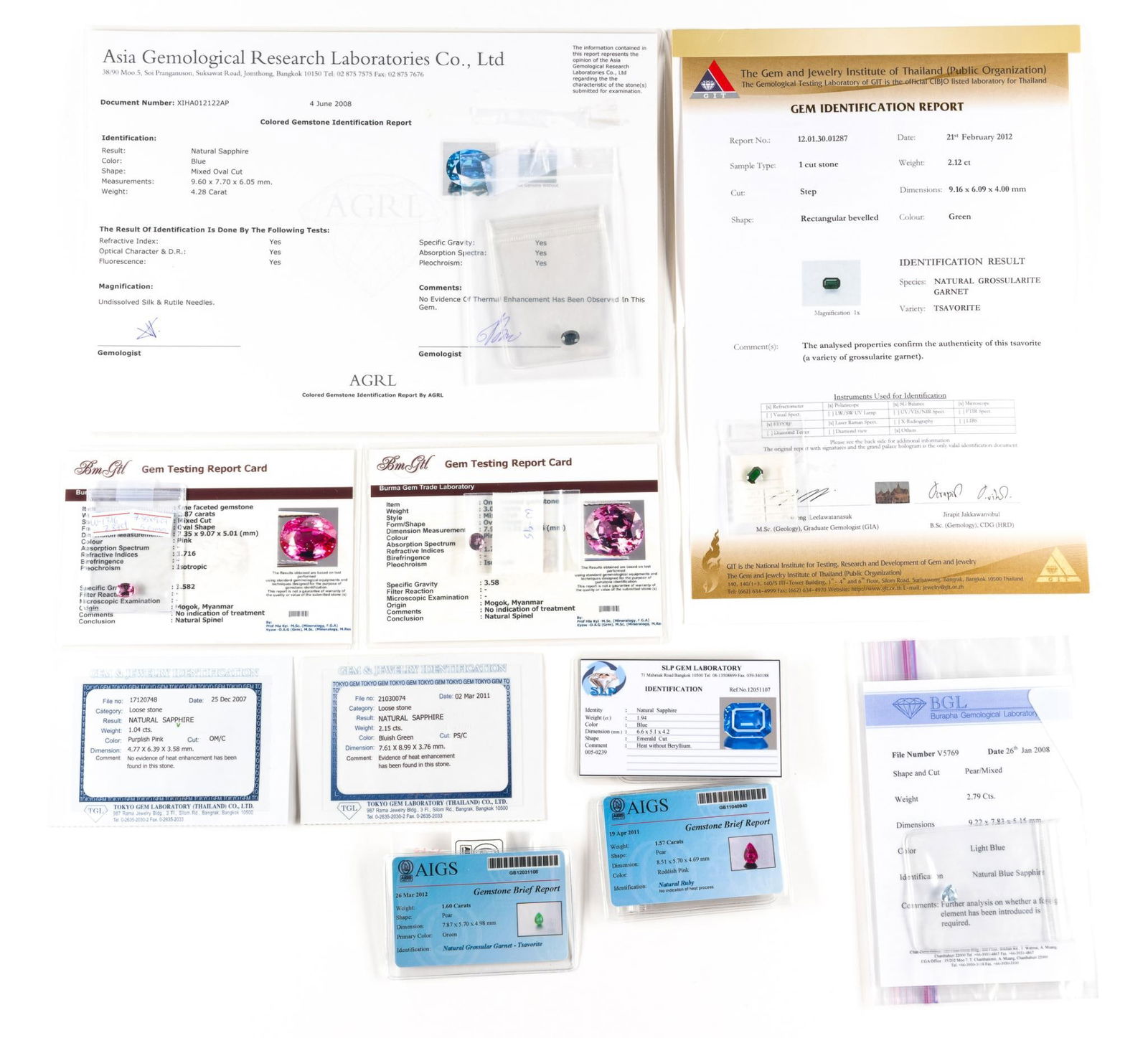 Ten Unmounted Gemstones with Lab Reports Incl Ruby And Sapphire: Loose gemstones. 1.57 carat redish pink natural ruby, no indication of heat process AIGS. 1.60 carat green natural grossular garnet tsavorite AIGS. 3.09 carat natural pink spinel no indication of trea