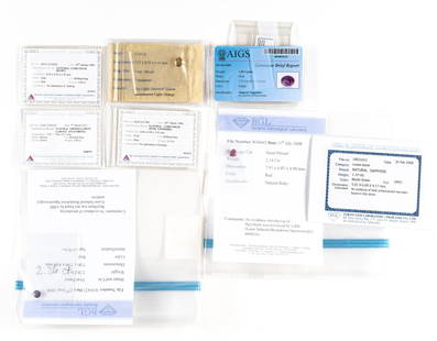 Eight Unmounted Gemstones with Lab Reports Incl Ruby And Sapphire: Loose gemstones. 1.6 carat natural green grossularite garnet tsavorite, The Gem and Jewelry Institute of Thailand GIT. 1.90 carat purple natural sapphire, no indication of heat process AIGS. 1.19 cara