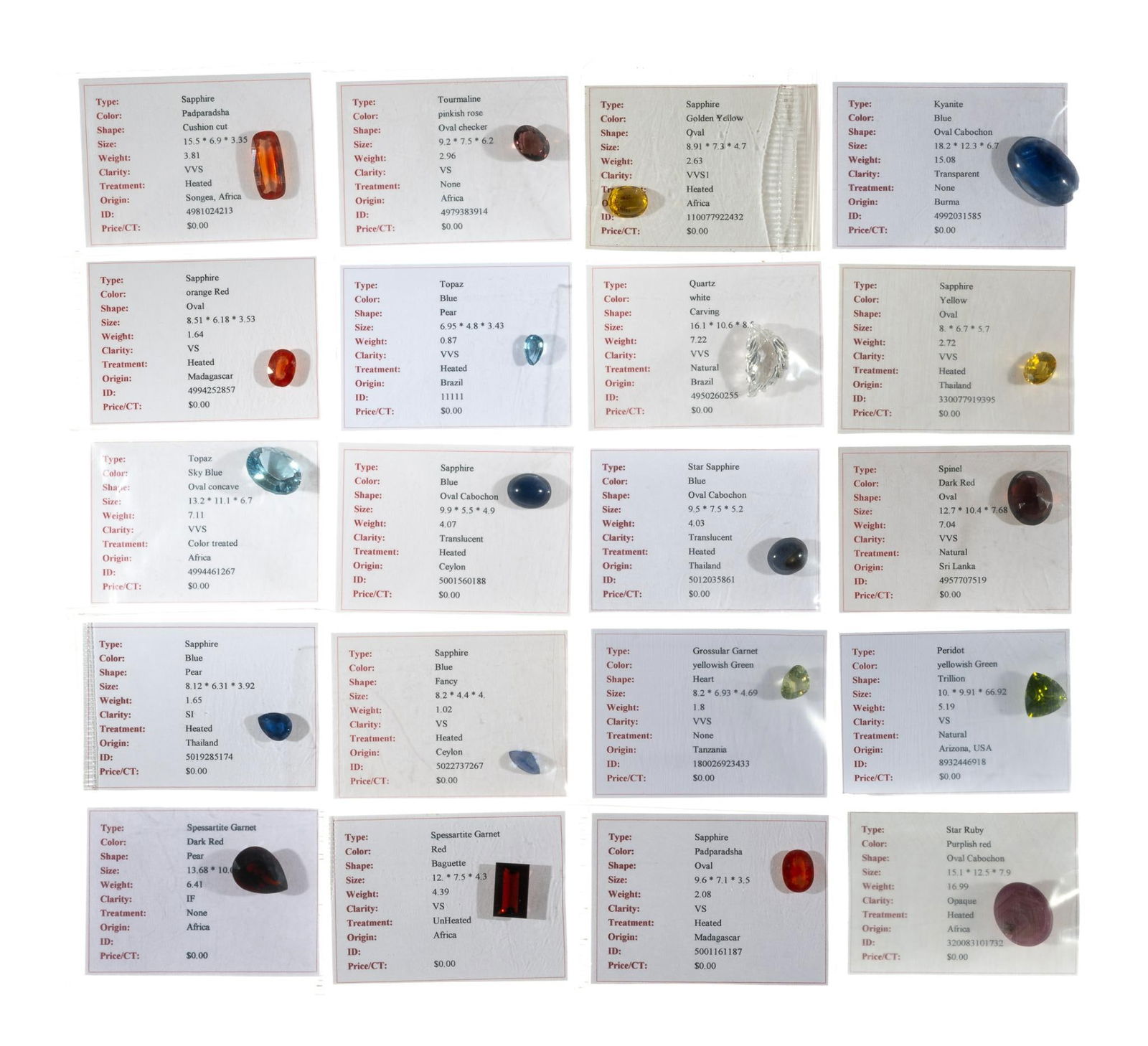 Twenty Unmounted Identified Gemstones: Unmounted precious and semi-precious gemstones. Blue, yellow, red-orange and padparadsha sapphire, topaz. peridot, spessartite garnet, star ruby, kyanite, grossular garnet, quartz, spinel, tourmaline.