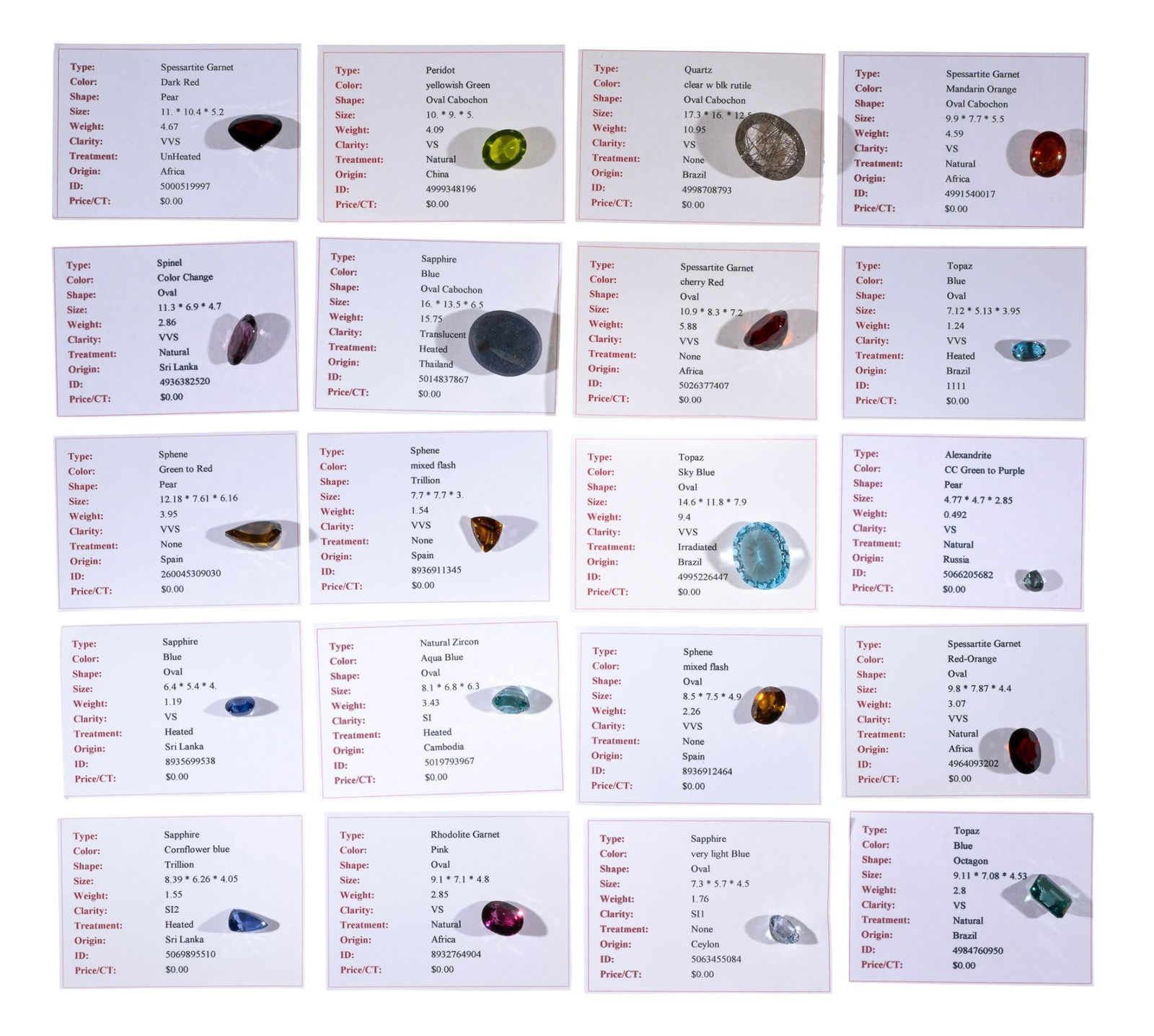 Twenty Unmounted Identified Gemstones: Unmounted precious and semi-precious gemstones. Sapphire, spinel. peridot, sphene, topaz, spessartite garnet, rhodolite garnet, quartz, natural zircon, alexandrite. Each with a specification including