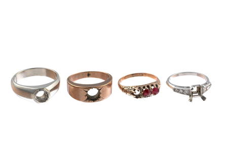 Scrap Gold and Platinum Rings: 18k white gold ring 9.2 grams. 10k rose gold and ruby 2.3 grams. platinum and diamonds 3.9 grams. 9k rose gold 4.2 grams.